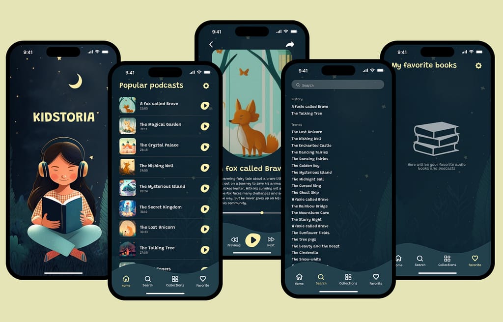 Five Kidstoria app screens: the illustrated splash screen, a podcast list, a story player, search results and an empty favourites state