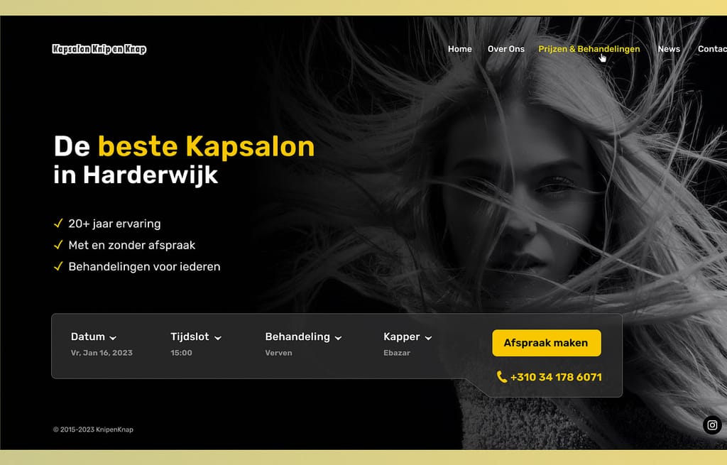 Kapsalon Knip en Knap website hero with the headline 'De beste Kapsalon in Harderwijk' and a booking bar over a black and white portrait