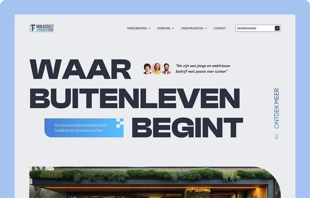 Van Asselt Veranda's website homepage with the headline 'Waar buitenleven begint' above a photo of a garden room