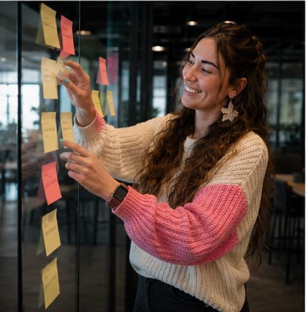 Nata van Houdt arranging sticky notes on a glass wall