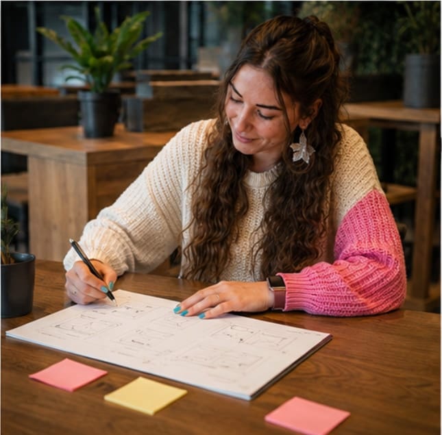 Nata van Houdt sketching a wireframe on paper